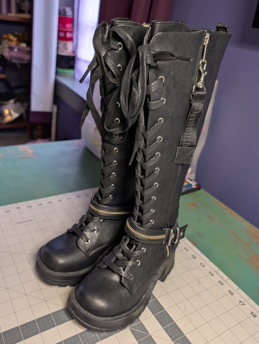 Demonia Bratty Lace-Up Knee-High Combat Boots Size 6